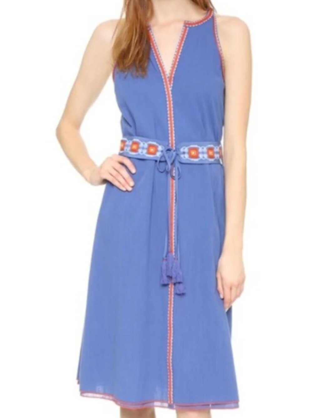 Tory Burch Savannah Crepon Embroidered Belted Midi Dress, Linen/Cotton - Women 6